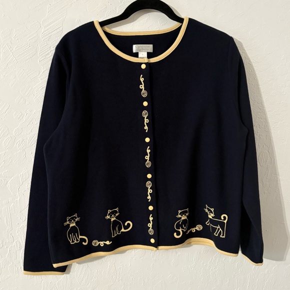 Vtg Christopher & Banks Navy Yellow Cats Cardigan Jacket Sz Large Snaps‎ Yarn - Picture 1 of 14